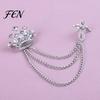 Dark Light Zircon Brooch Men's Pin with Chain, British Crown Cross Angel Lapel Pin, Rhinestone Suit Cool Tone Silver Badge Tassel Chain for
