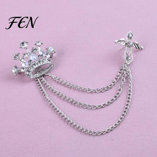 Dark Light Zircon Brooch Men's Pin with Chain, British Crown Cross Angel Lapel Pin, Rhinestone Suit Cool Tone Silver Badge Tassel Chain for
