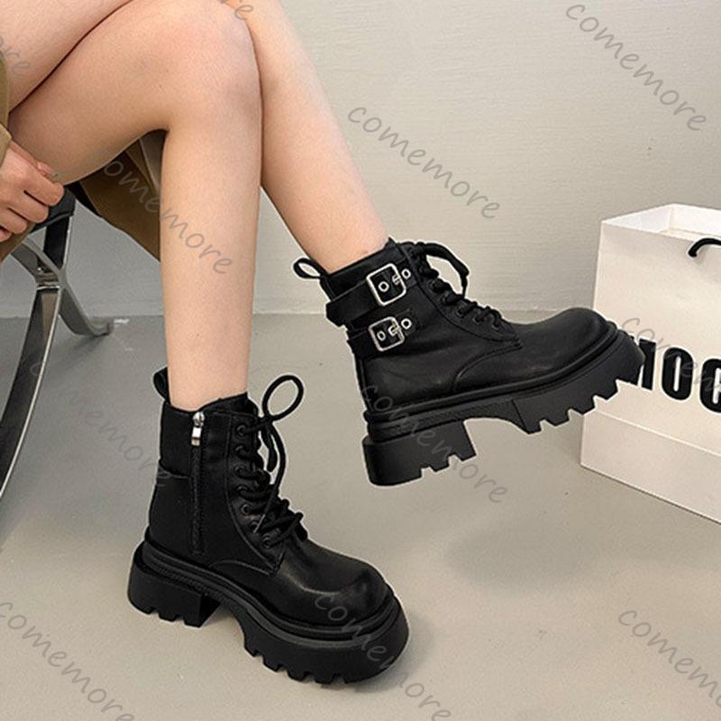 Fashion Comemore New Fashion Ankle Boots Female Belt Buckle Solid Color Autumn Thick Bottom Women Shoe Lace-up Middle Heel Botines Mijer