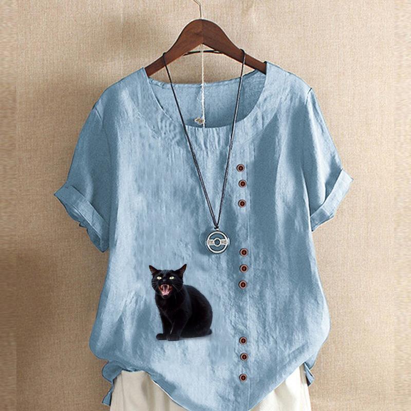 Damenmode, T-Shirt mit schwarzem Katzen-Print, kurzärmelig, lockeres Baumwollhemd, lässige Sommerbluse, Tops, Übergröße
