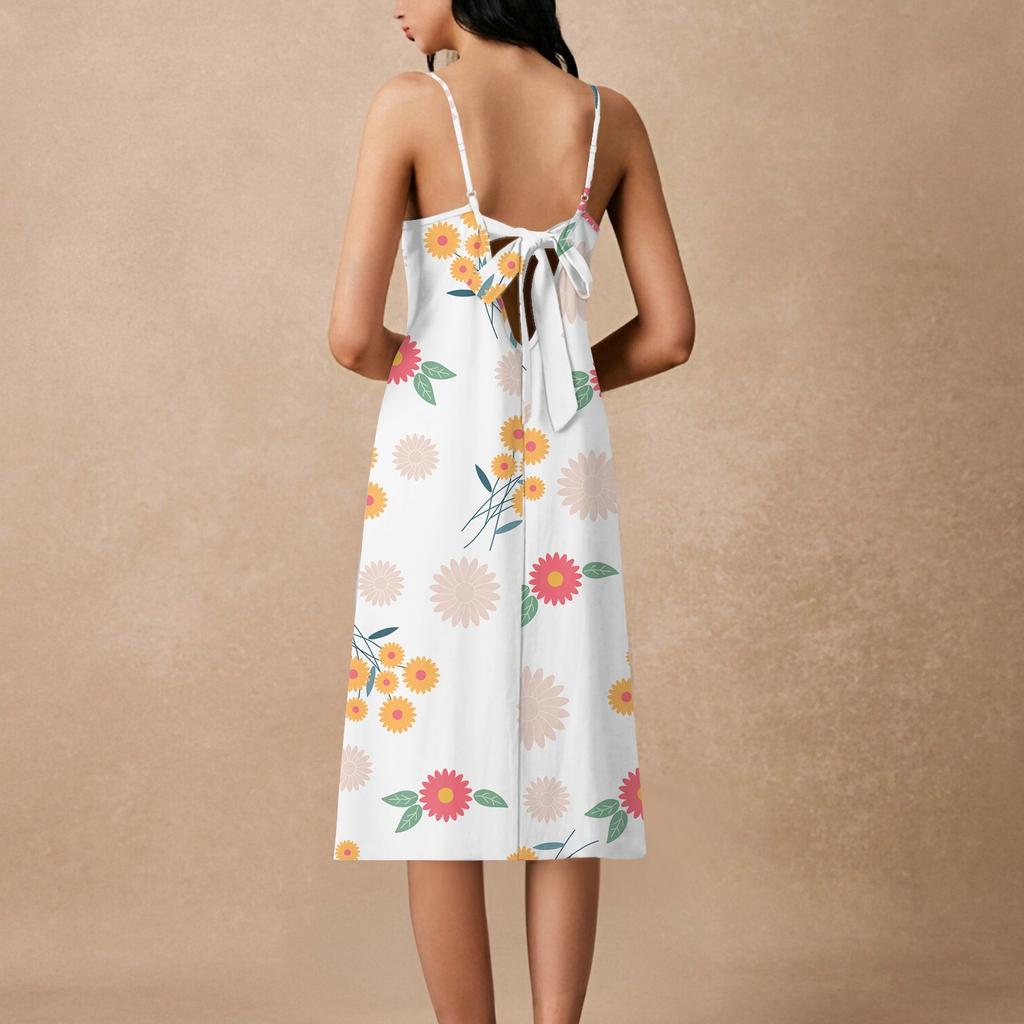 Women's Spaghetti Strap Backless Bow Loose Casual Beach Holiday Dress Sundress