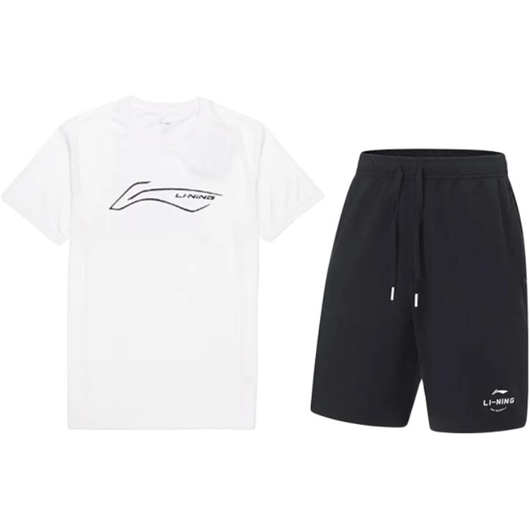 Li Ning Logo Simple Quick-Dry Comfortable Versatile Round Neck Pullover Short Sleeve Mid-Waist Tied Shorts Casual Sports Suit YTSU141-1+AKST543-3