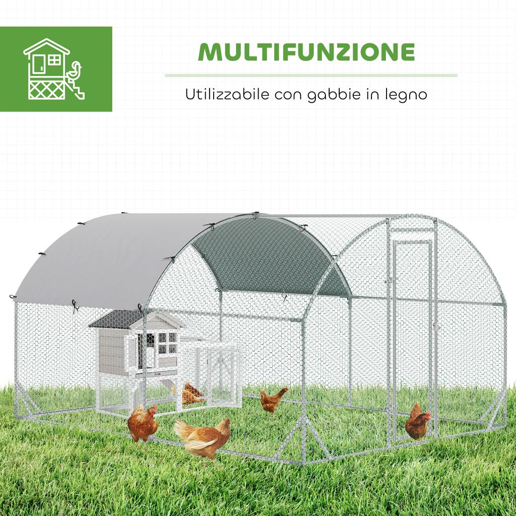 Galvanized Metal Chicken Run with Roof and UV Cover, 280x380x197 Cm, Silver
