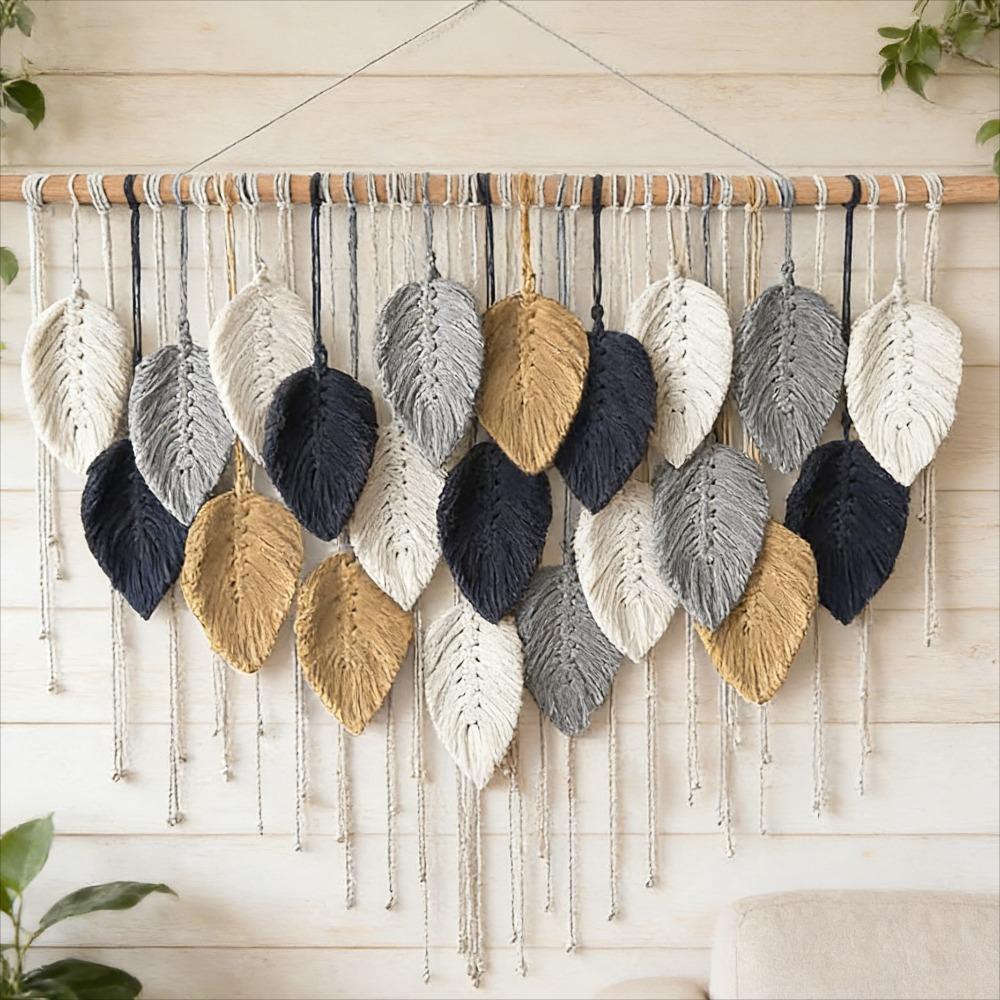 Cotton Rope Woven Leaf Tapestry Colorful Nordic Wall Art for Living Room Bedroom