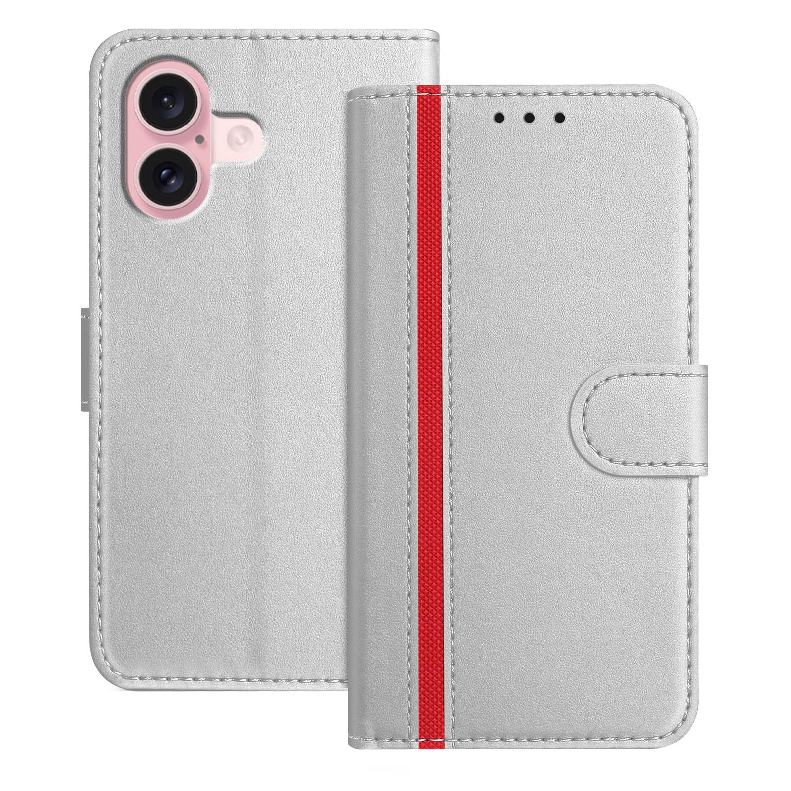 

For iPhone 16 Phone Cases Wallet Stand Color Splicing Leather Cover with Magnetic Clasp Silver
