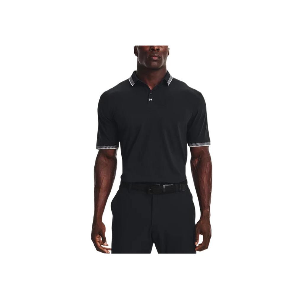 Under Armour Striped Cuff Solid Short Sleeve Polo Shirt Men Tops Black 1370099-001