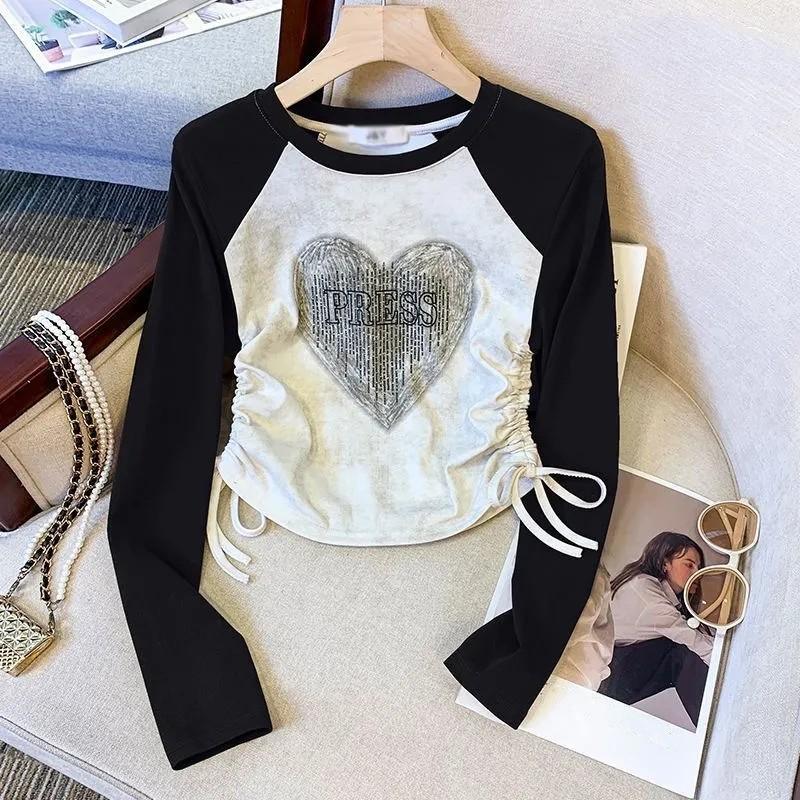 Girls' Spring and Autumn Long Sleeve Drawstring T-shirt Medium and Large Children's Color Blocked Slimming Bottom Top