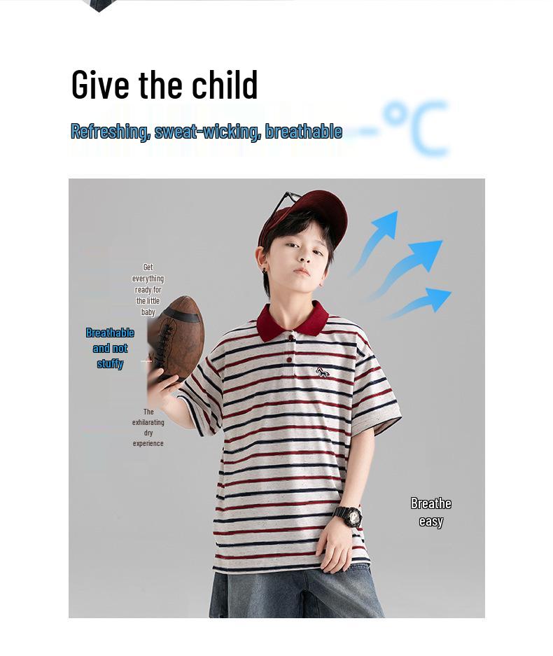 Boys' Striped Short-Sleeve Polo Shirt - Casual, Trendy Korean Style for Middle and Older Children