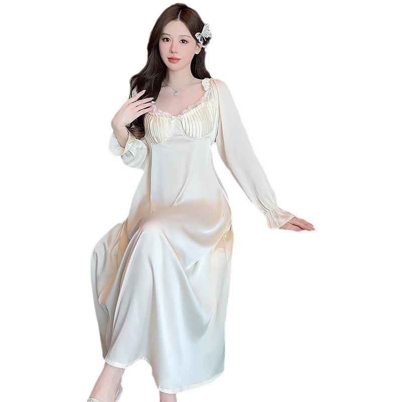 Ice silk nightdress women's long-sleeved pajamas with chest pads Spring and Autumn new pure desire wind knee long dress simulation silk loungewear