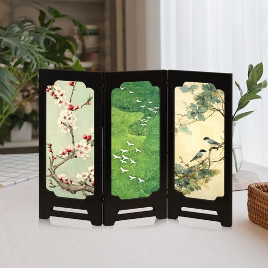 Yousheng Mini Floral Folding Screen Rustic 3 Panel Room Dividers Chinese Style Vintage Desktop Folding Screen Feng Shui Ornaments for Home Table Decor