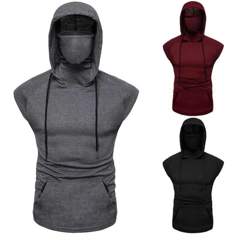Stylish Men's Hooded Pullover T Shirt Tank Top With Protective Mask For Active Wear