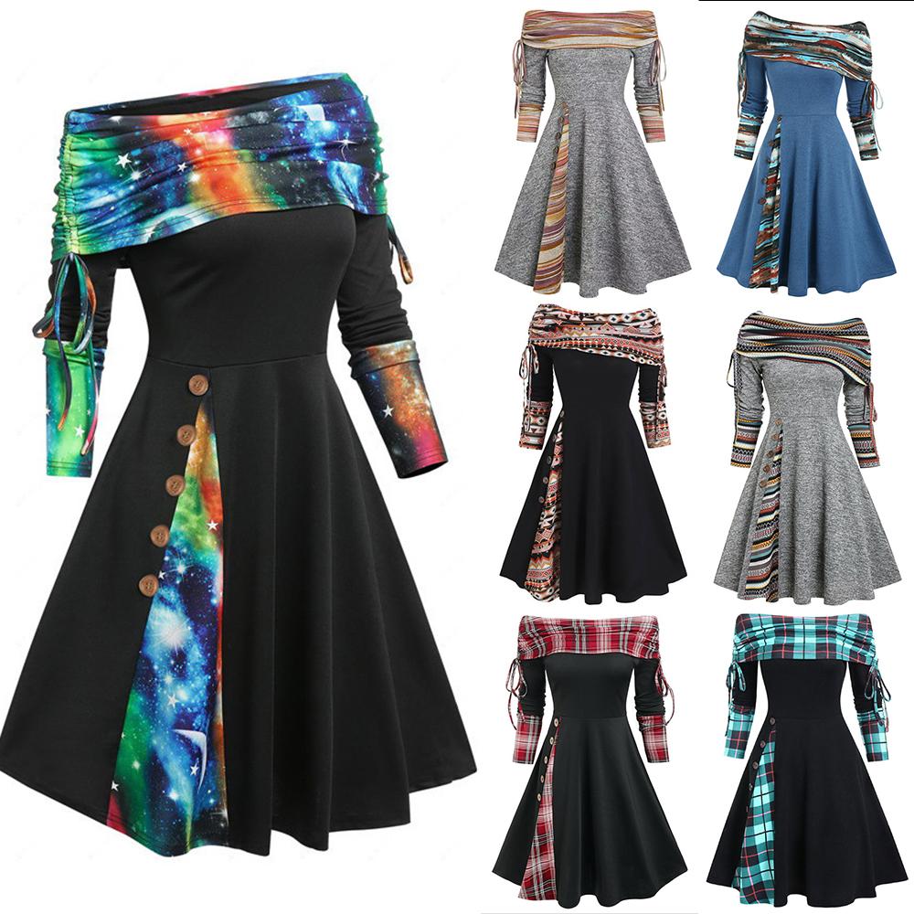 

Женское платье с открытыми плечами, шнурком и контрастными пуговицами, длинными рукавами