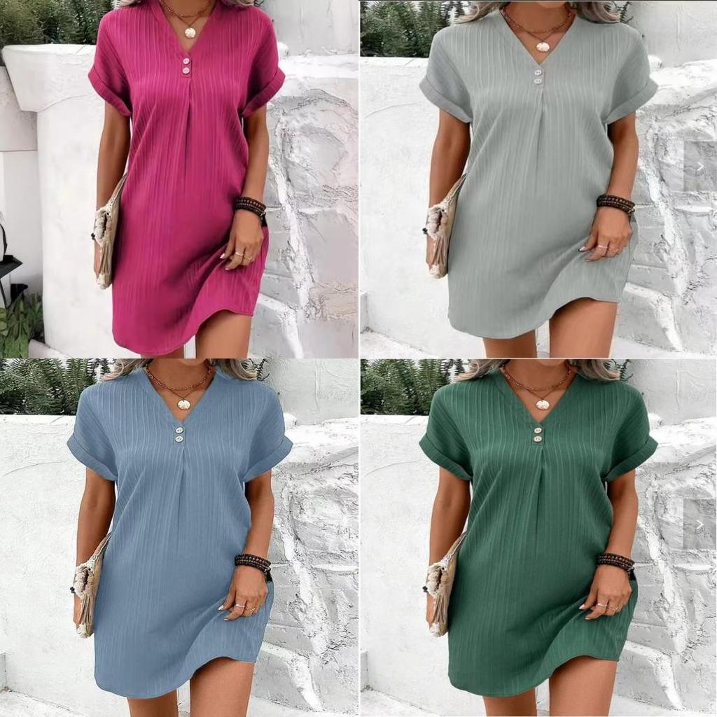 Womens V Neck Striped Polyester Casual Dress With Buttons For Office Wear