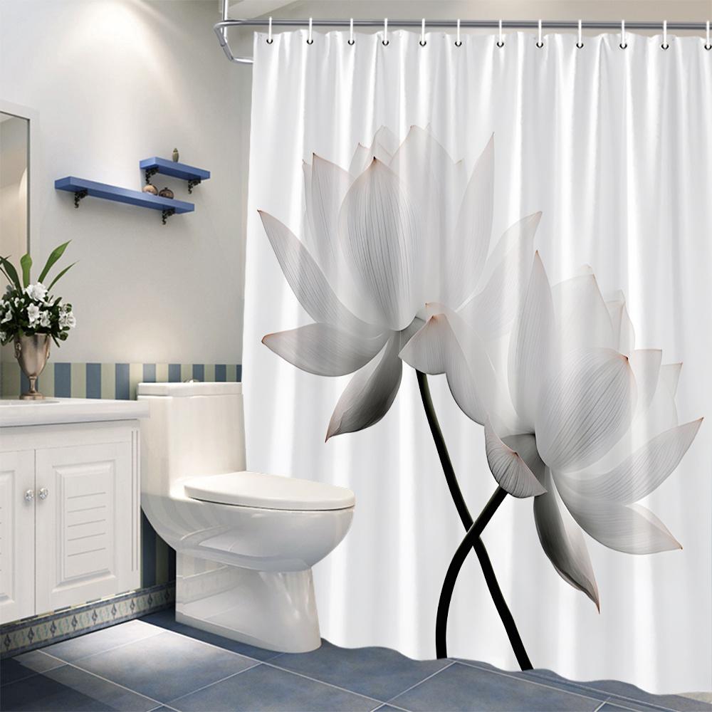 1pc Zen-Inspired Shower Curtain - White Lotus, Reflective Water & Grasses, Polyester, Tranquil Bathroom Decor