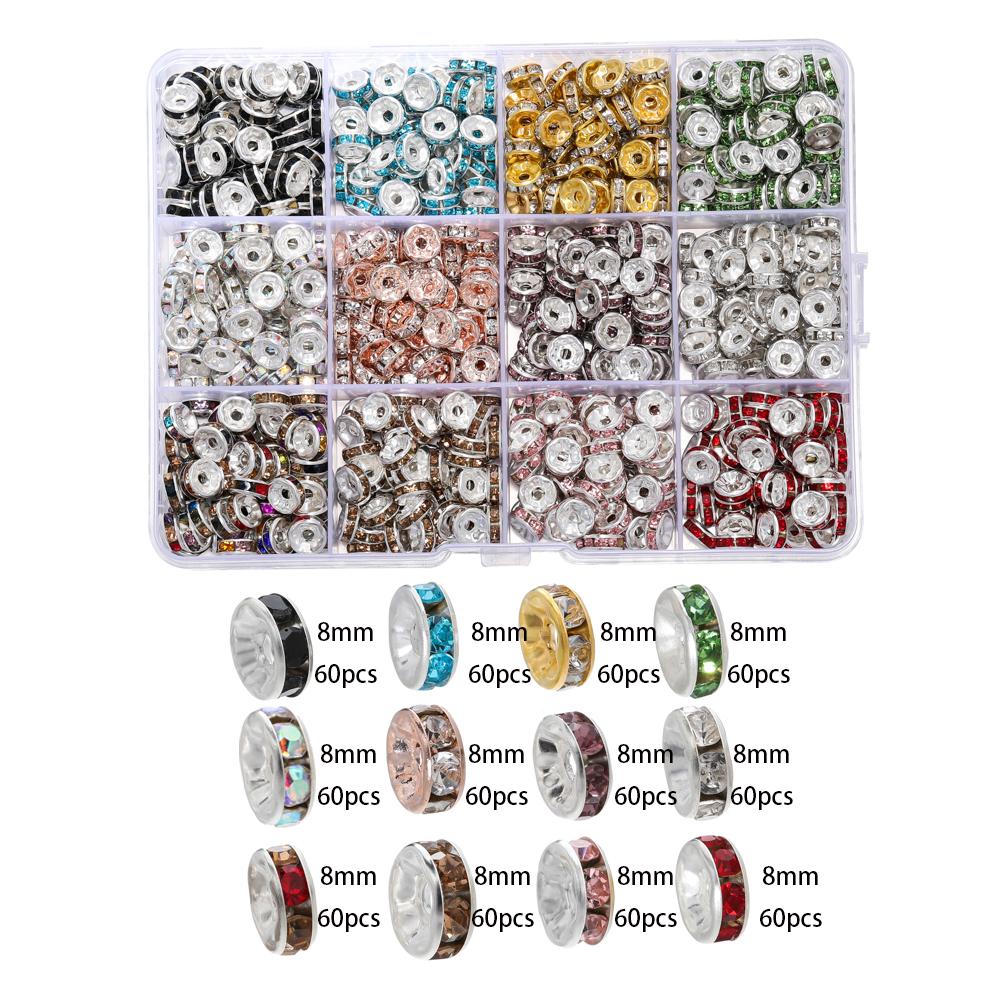 600-1080pcs Silver Color Rhinestone Rondelles Crystal Bead 4-8mm Loose Spacer Beads Kits for DIY Jewelry Making Supplies Set