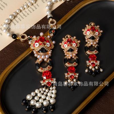 Vintage Chinese Style Red Lion Dance Pearl Tassel Earrings Exude A Sense Of Luxury Necklace Clothing Accessories