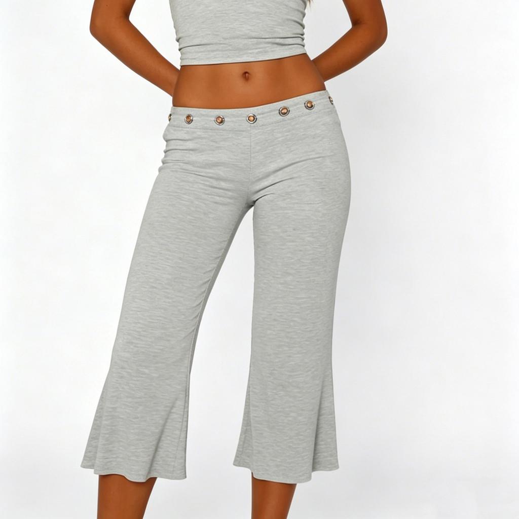 Women Slim Fit Flared Capri Pants Seven Quarter Length Casual Streetwear Sport Trousers with Waist Eyelet Detail