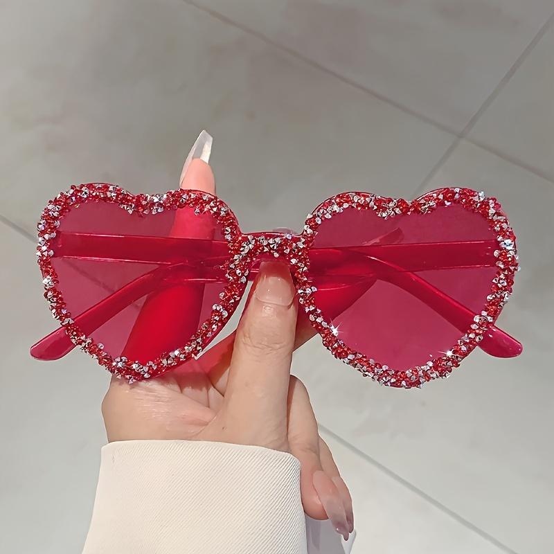 Heart Shaped Frameless Rhinestone Glasses Fashionable Red for Women Masquerade Party Festival Accessories