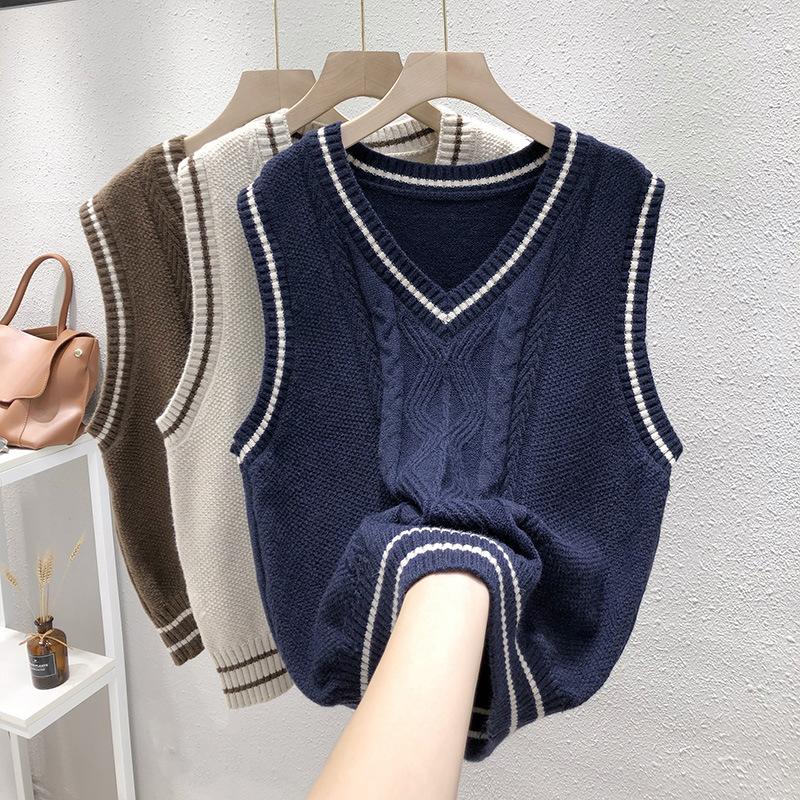 

Spring and Autumn Women s Knitted Vest Contrast Fried Dough Twists College Sweater Vest S Темно-синій