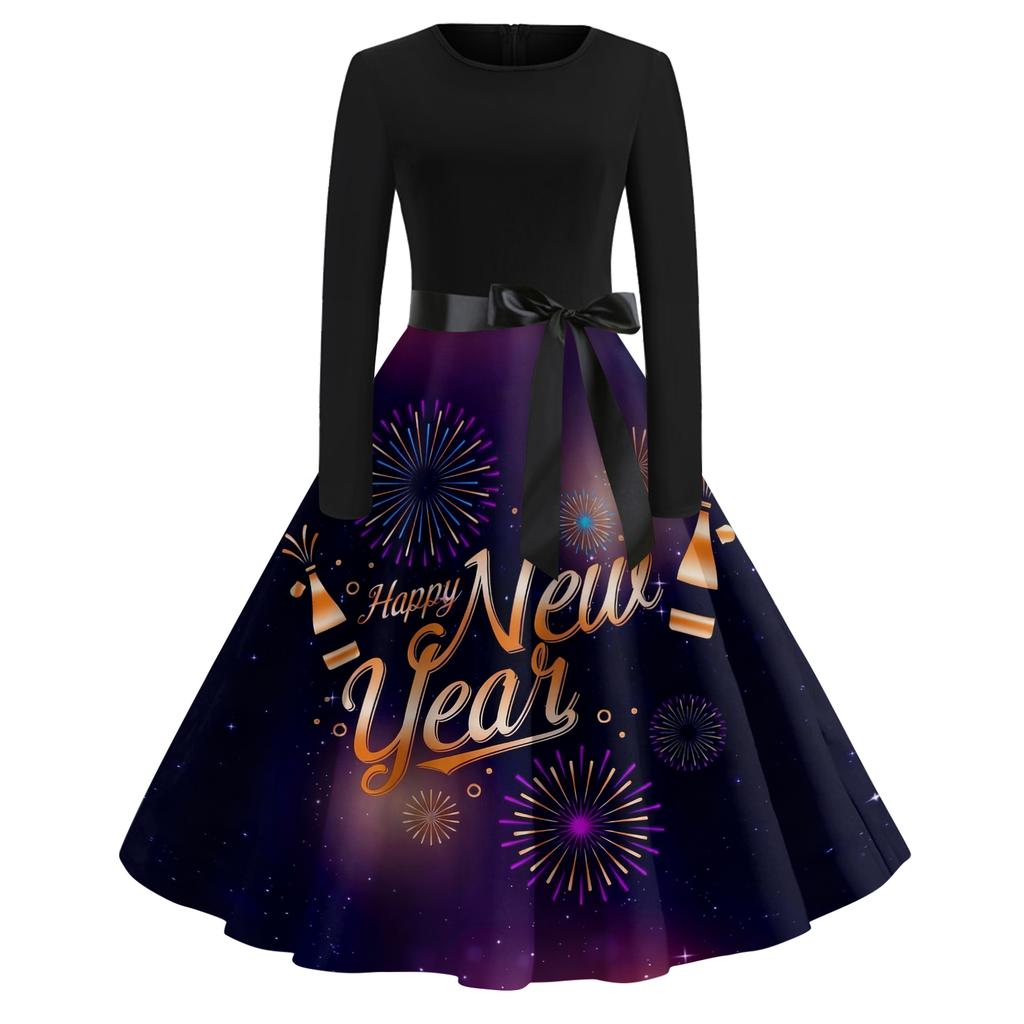 Women's Casual Fashion Round Neck Long Sleeve New Year Printed Retro Dress