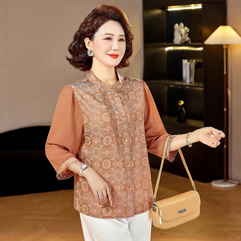 Elegant Chinese-Style Summer T-shirt for Young Mothers and Elderly Women
