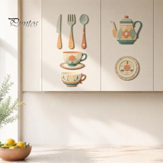 Soft Tone Kitchen Wall Stickers 7Pcs 2D Flat Wooden Decor, Retro Teapot Tableware Themed Vintage Pattern Art, Self?Adhesive Plaques for Dining Room