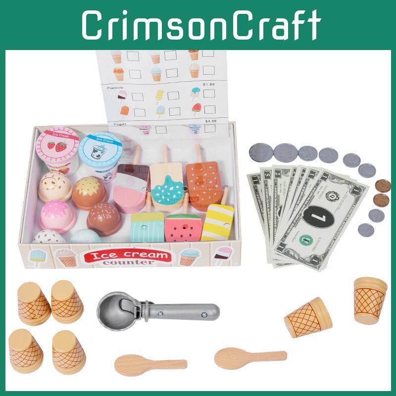 Ice Wooden Cream Stand Toy With Cash Register And Fruit Accessories For Playtime