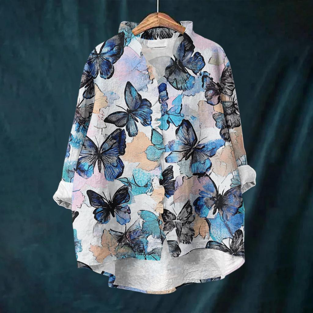 Women's Loose Ruffled Floral Print Stand Collar Long Sleeve Cotton And Linen Top