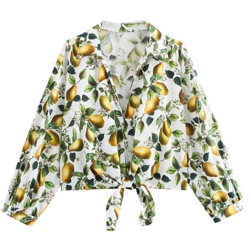 

Модный стиль 2024 Осень Новая женская одежда Хлопковая рубашка с принтом фруктов, шнуровкой и длинными рукавами, с лацканами 8737177 Figure Color L