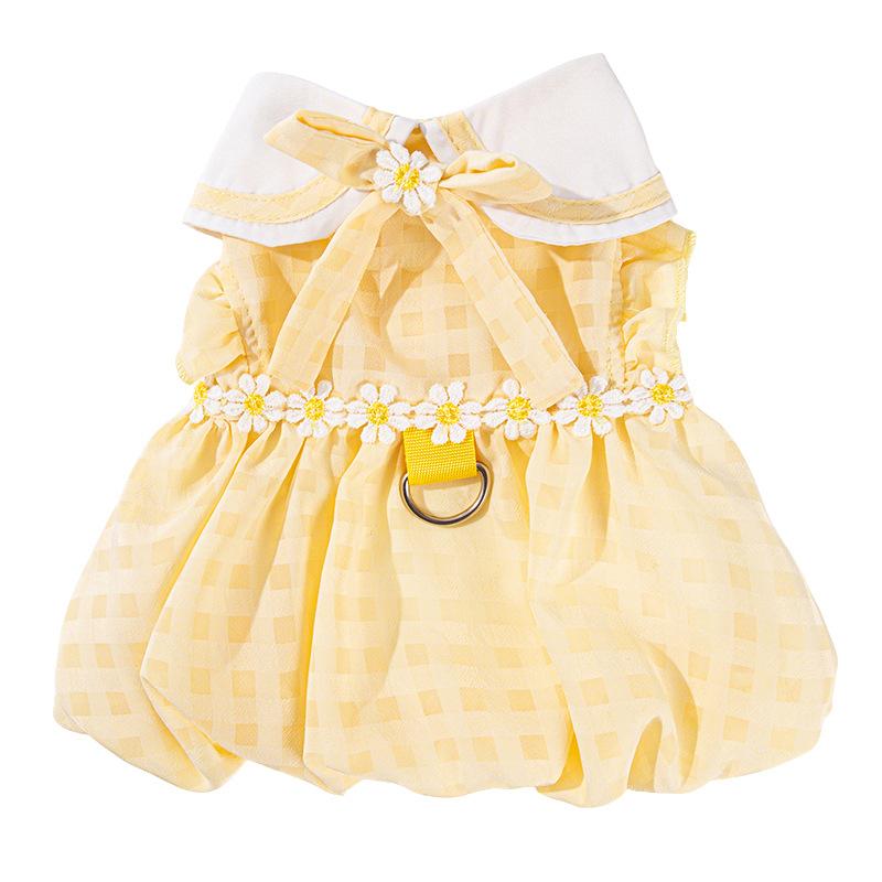 Spring and Summer Checkered Elegant Pet Dress with Flying Skirt Princess Style Pet Cat Clothing