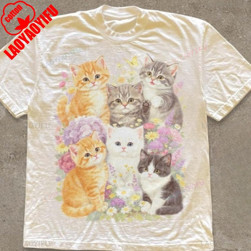 Retro Kitten Shirt Vintage Floral Cat Tee Cottagecore Cat Lover Gift Oversized T Shirt Aesthetic Kawaii Clothes Harajuku