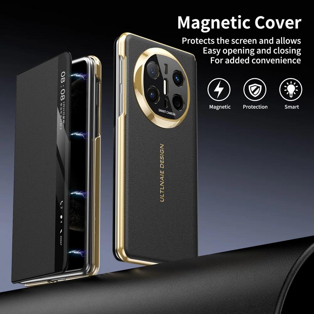 Business Retro Smart Leather Galvanized Gold-toned Case For Huawei Mate X6 X5 X3 Shockproof Built-in Magnetic Lens Protect Cover