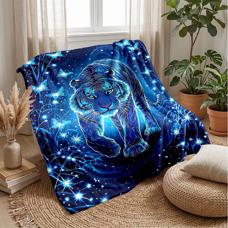 Blue Tiger Fantasy Blanket Personalized Name Flannel Blanket Soft Cozy Plush Throw for Sofa Bed Lightweight Home Decor