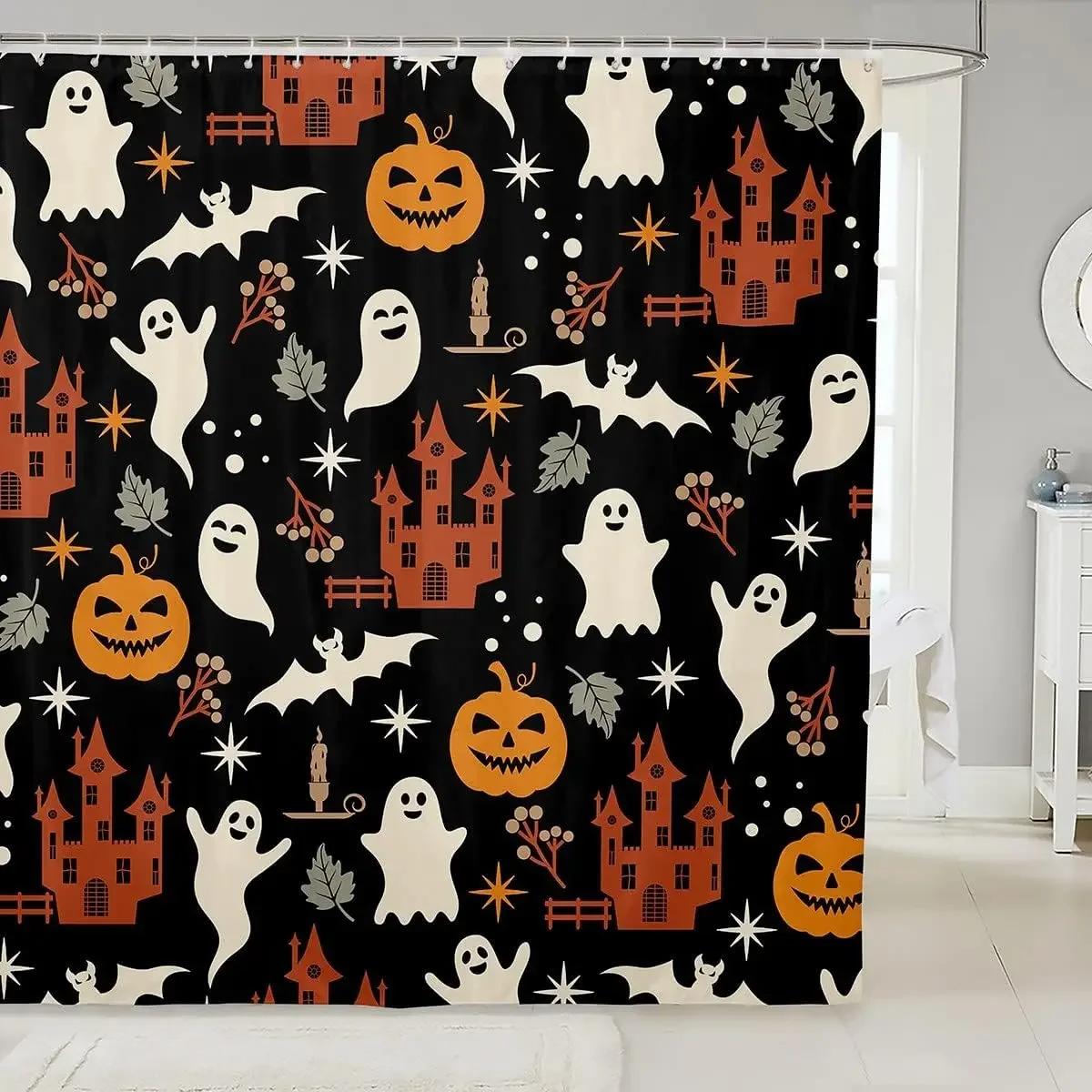 

Cartoon White Ghost Shower Curtain Happy Halloween Evil Pumpkin Witch Spectre Horror Bathroom Decor Kid Bath W60H190(CM)-1 Pcs