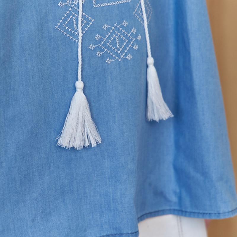 Maxza Ethnic Embroidery Puff Sleeve Denim Blouse Ze07qb006nh