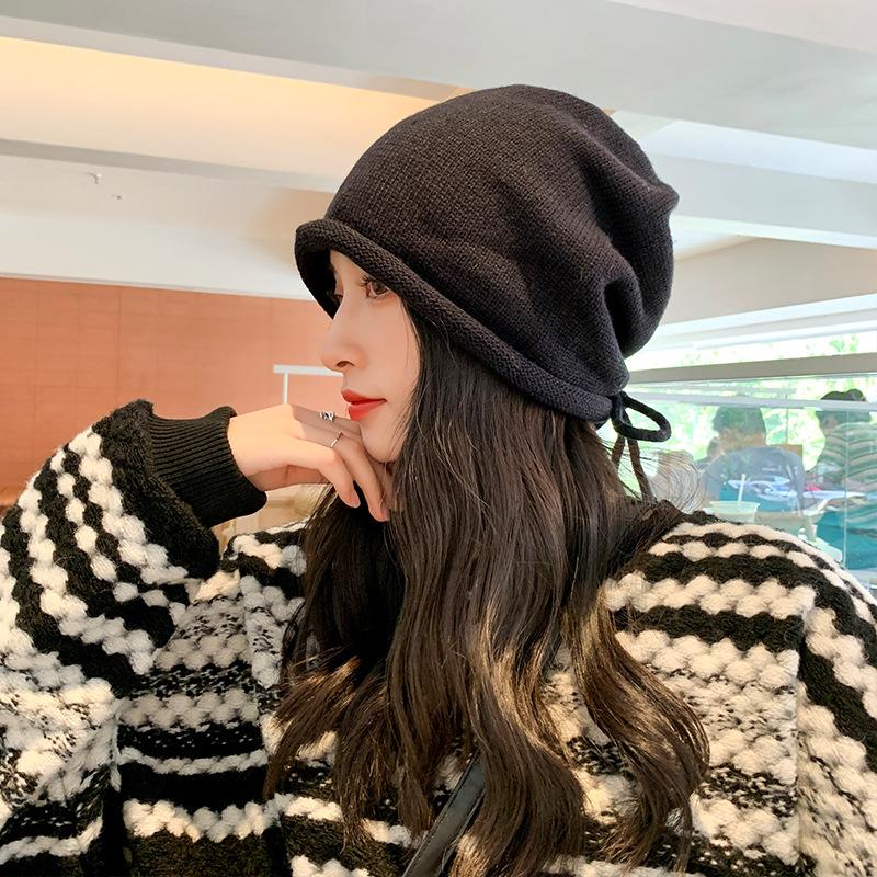 Drawstring Knitted Hat for Women in Autumn and Winter Curled Solid Color Pile Hat Pullover Cold Hat Showing Face Small Confinement Hat
