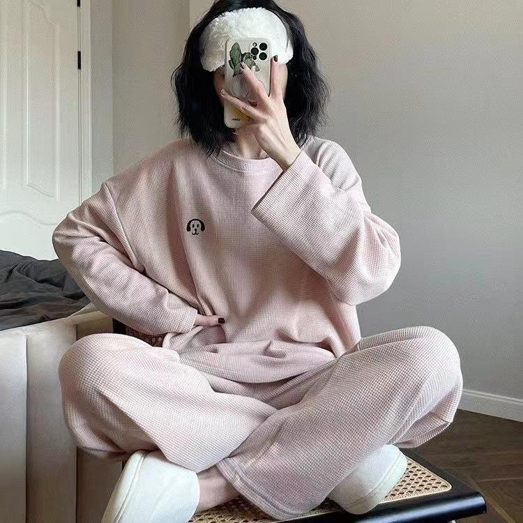 Sleepwear Loungewear Women Autumn and Winter Waffle Pajamas Ladies Long Sleeve Nightwear Homewear Two Piece Set