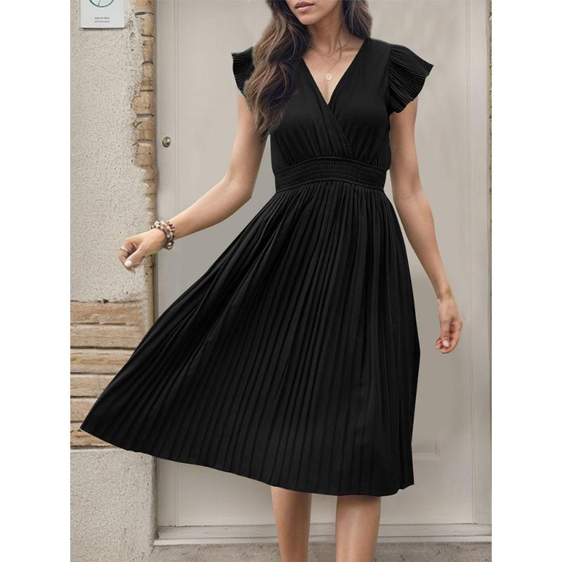 Women's Summer Pleated Skirt Elegant Short-sleeved Solid Color Dress
