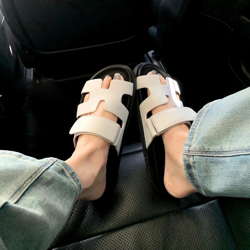 Sheepskin Version~ Internet Celebrity Second Uncle Shoes Casual One-word Slippers Women Wear 2025 New Thick-soled Velcro H Cool Slippers