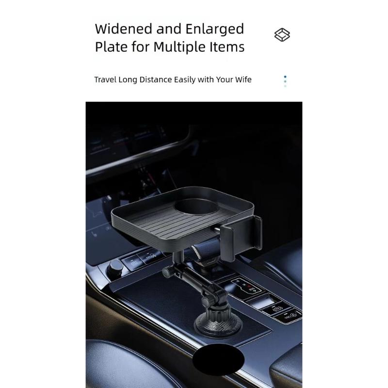 Universelles Fahrzeugzubehör mit integrierter Handyhalterung, drehbarem Getränkehalter und Ablagefach für bequeme Navigation