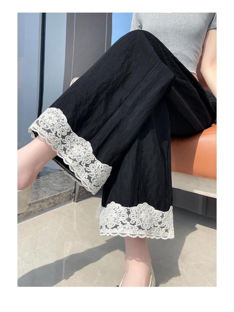 Women's Japanese High Waist Black Lace Trim Patchwork Cotton Wide Leg Cropped Pants - Spring/Summer Casual Loose Fit.