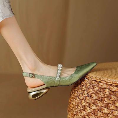 Cuir Français Talon Bas Dos Ouvert Chaussures Simplesfemmes2024été Nouvelles Bouton Droit Bout Pointu Mode Talon Bloc Sandales Bout Ouvert