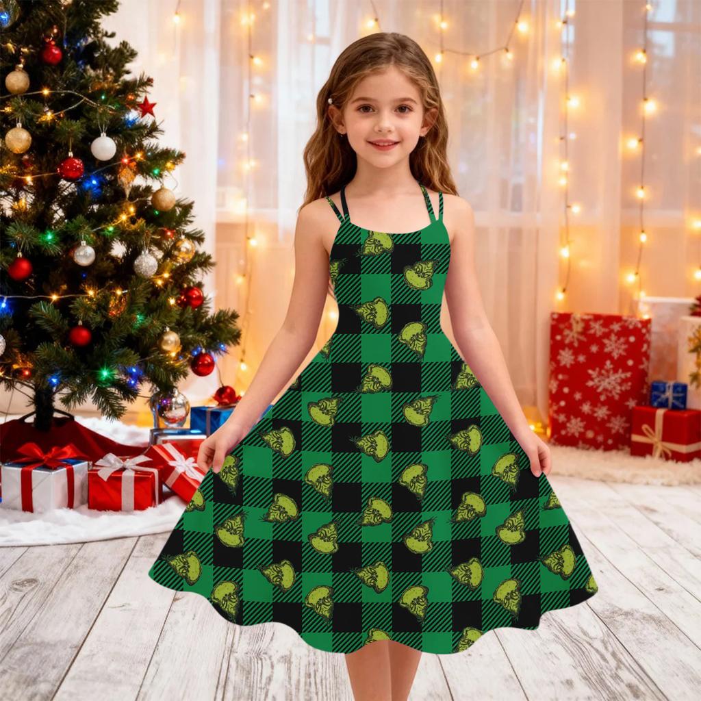 Children's Fashion Casual Christmas Print Off-Shoulder Punk Vintage Dress