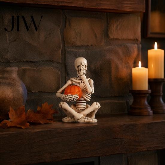 Alternative Home Accessories Vintage Skeleton Holding Pumpkin Statue, Halloween Resin Figurine, Gothic Handcrafted Sculpture Desktop