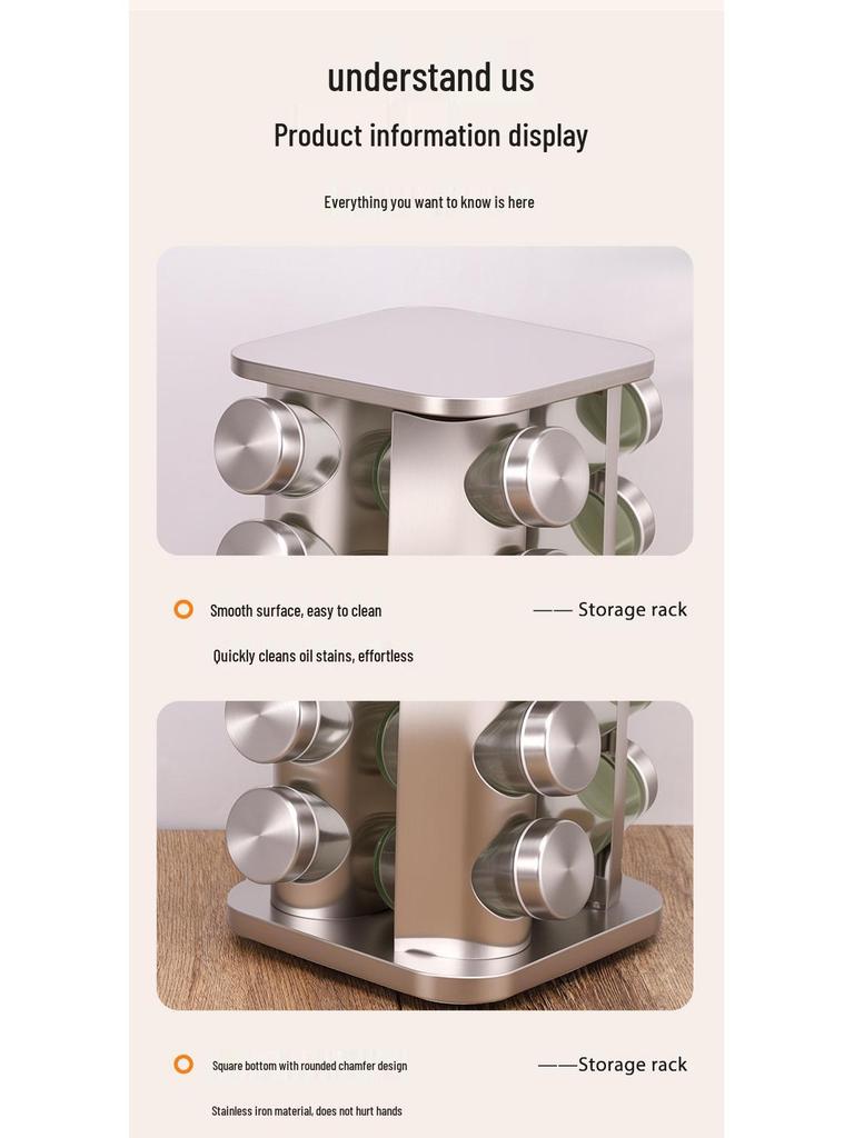 Otočný vícevrstvý nerezový kuchyňský stojan na koření s hliníkovou základnou a zaoblenými rohy