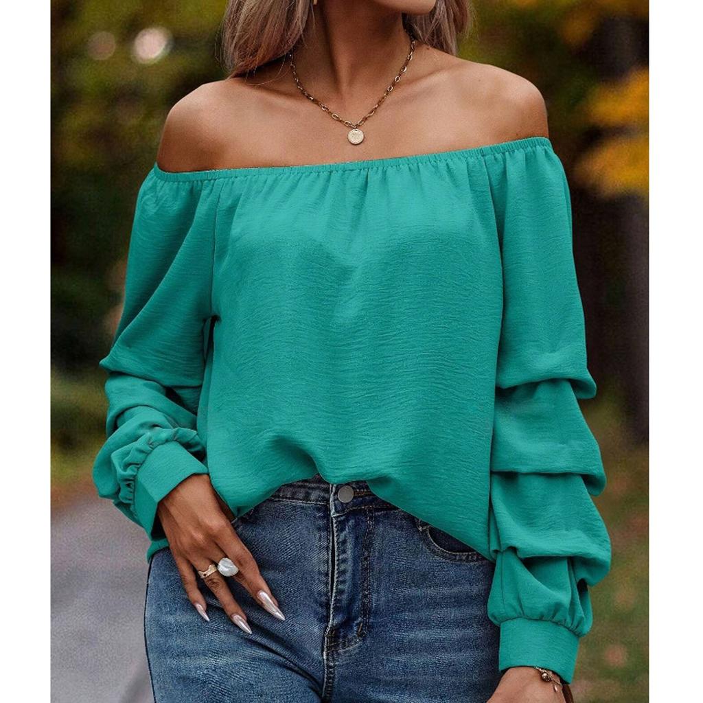 Damska modna, jednokolorowa, swobodna koszula z odkrytymi ramionami i długimi rękawami