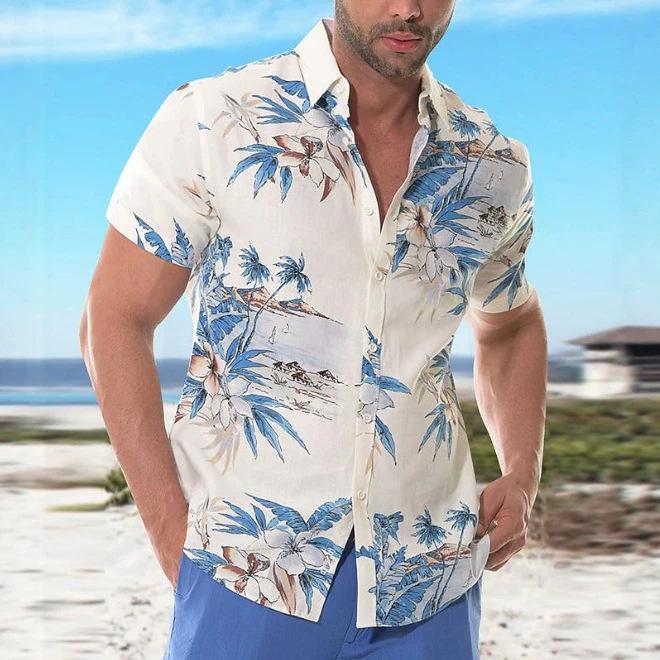 Men S Short Sleeve Hawaiian Shirt Coconut Tree Print Casual Beach Shirt M синий