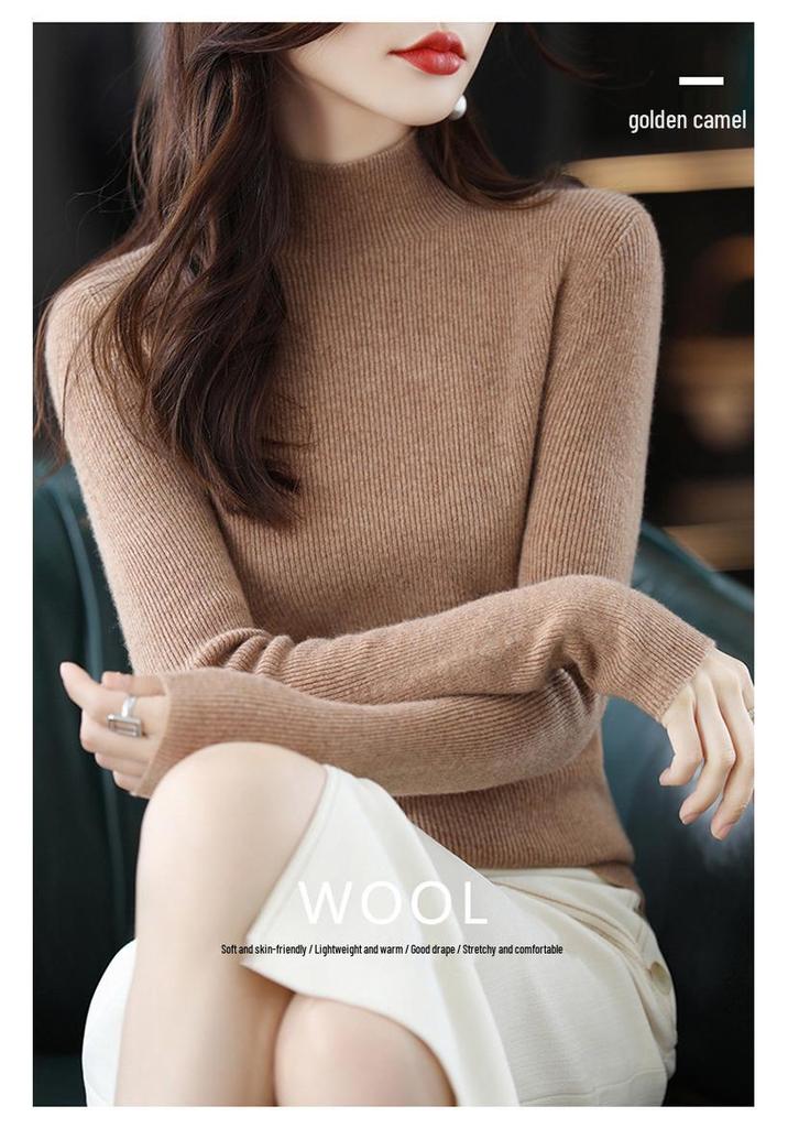 2023 Women's High Neck Pure Wool Knit Sweater - Autumn/Winter Base Layer