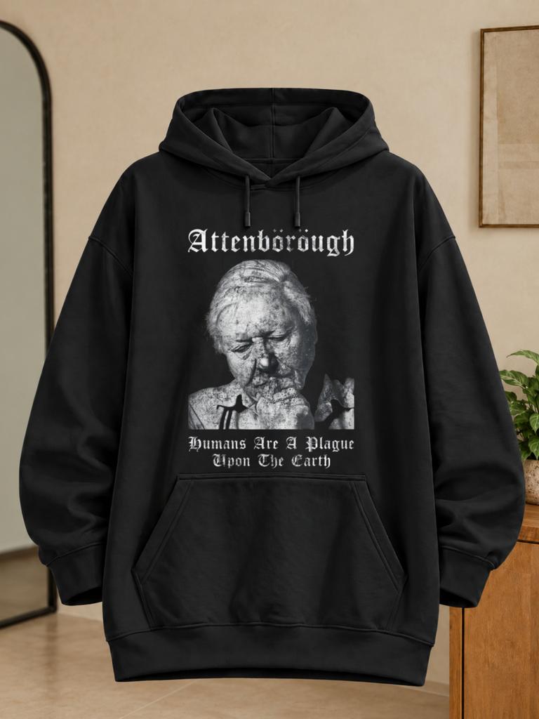 Men' & Unisex Attenborough "Humans Are a Plague" Graphic Hoodie - Gothic Monochrome Portrait, Round Neck Casual Pullover, Machine Washable Suitable fo
