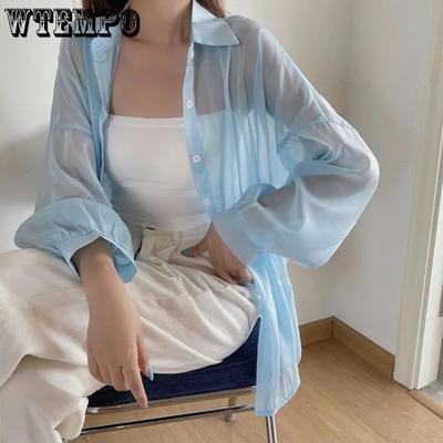 Women Holiday Beach Shirts See Through Chiffon Blouses Female Summer Long Sleeve Loose Sun Protection Clothes